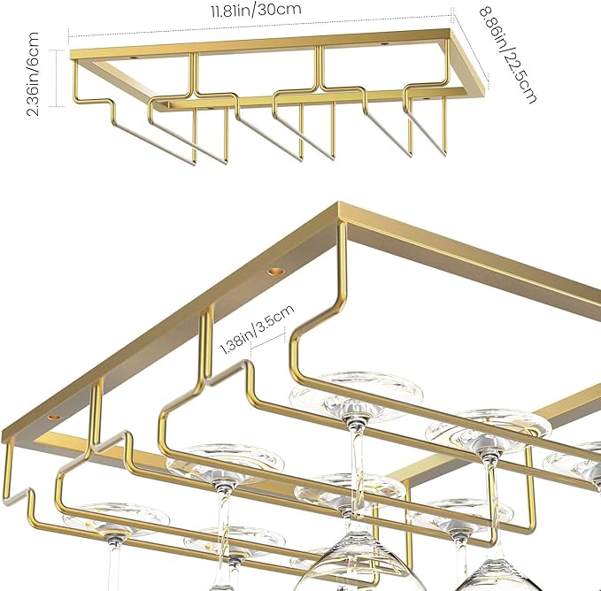 Nuovoware Wine Glass Rack - Under Cabinet Stemware Wine Glass Hanger Rack Holder for Bar Kitchen Cabinet, 3 Rows - Gold