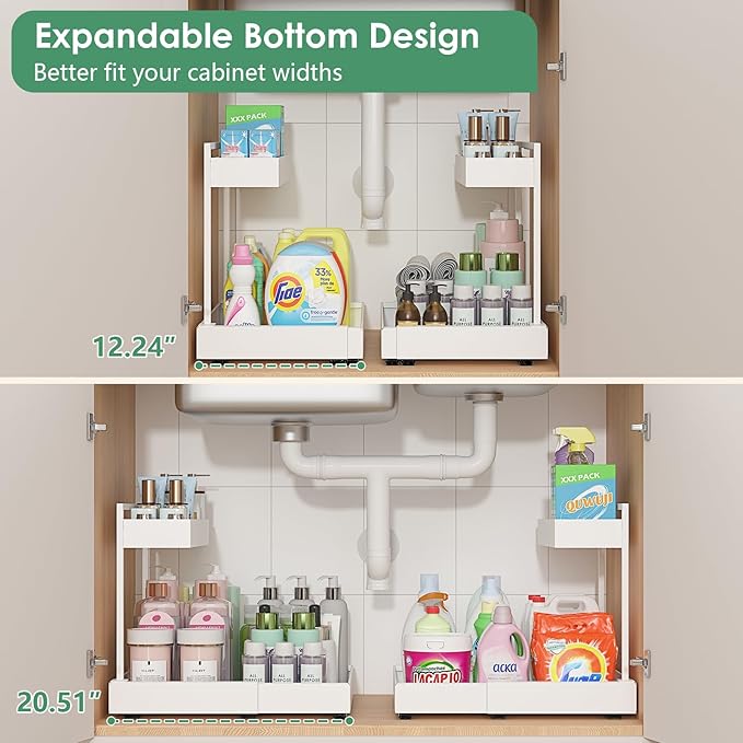 REALINN Under Sink Organizer Pull Out, L-Shaped 2 Tier Cabinet Organizer with Adjustable Width & 6-Level Height, Metal Under Sink Storage for Kitchen Sink, Bathroom Vanity, Laundry Cabinet, White