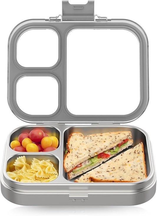 HOMEKOL Stainless Steel Bento Lunch Box, 3-Compartment Leak-Proof Lunch Container for Kids & Adults, BPA/BPS-Free 304 Metal Food Box, Dishwasher Safe, Clear Tritan Lid, Grey (Not Insulated)