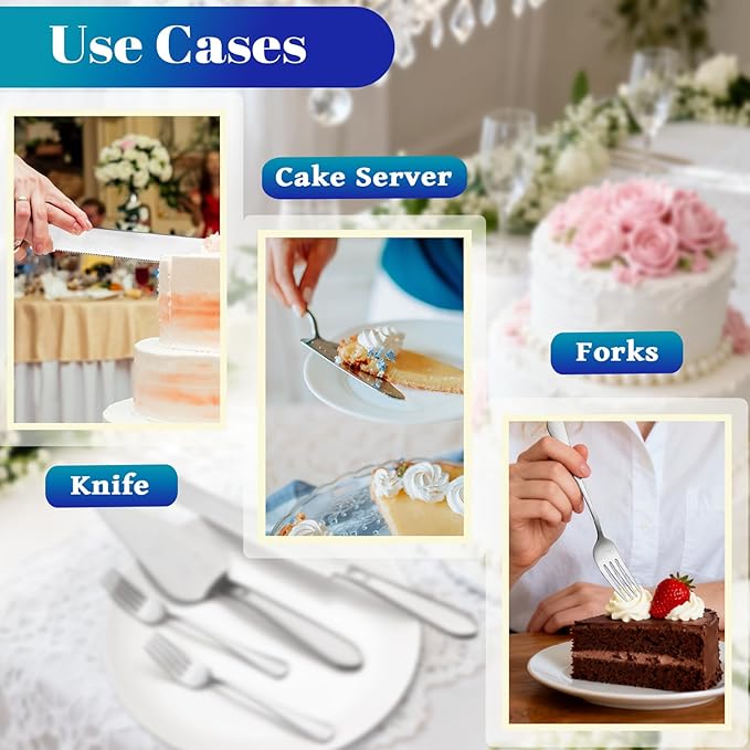 Eisinly Cake Cutting Set for Wedding, Elegant Cake Knife and Server Set with Stainless Steel Forks, Cake Cutter and Pie Spatula for Engagements, Anniversary, Bride and Groom, 4 Pcs, Silver