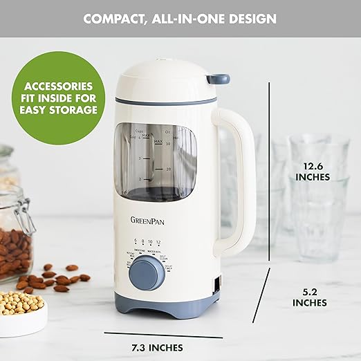 GreenPan Nut Milk Maker, 15-in-1 Homemade Soy, Almond, Oat, Coconut, Non-Dairy, Rice, Soup, Baby Food, BPA-Free, Smooth Creamy Texture, Self Clean, Barista Quality Milk, Delay Start, Boil Water, Cream