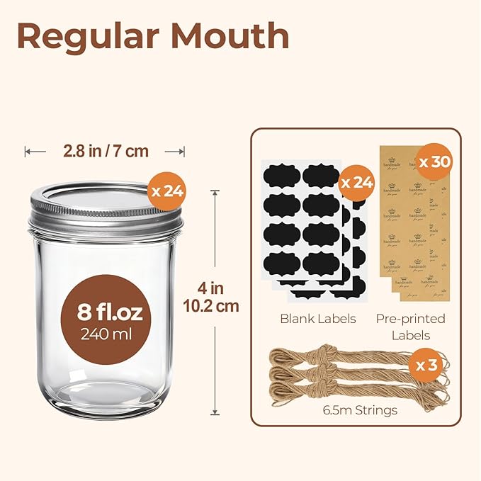 ComSaf Small Mason Jars 8 oz 24Pcs Bulk Set, Half Pint Regular Mouth Mason Jar with Lids and Seal Bands, Glass Canning Jars for Jam, Jelly, Spice, Meal Prep, Shower Wedding Favors, DIY Candles Decor