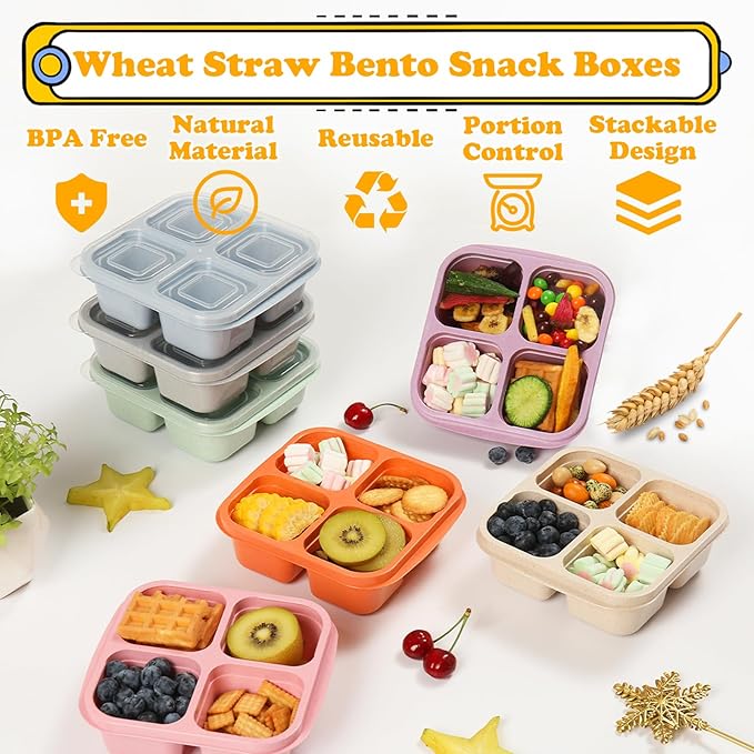 4 Pack Meal Prep Containers, 4 Compartment Bento Snack Boxes, Reusable Divided Lunch Box Containers for Adults, Kids, Toddlers, Travel, Work, School