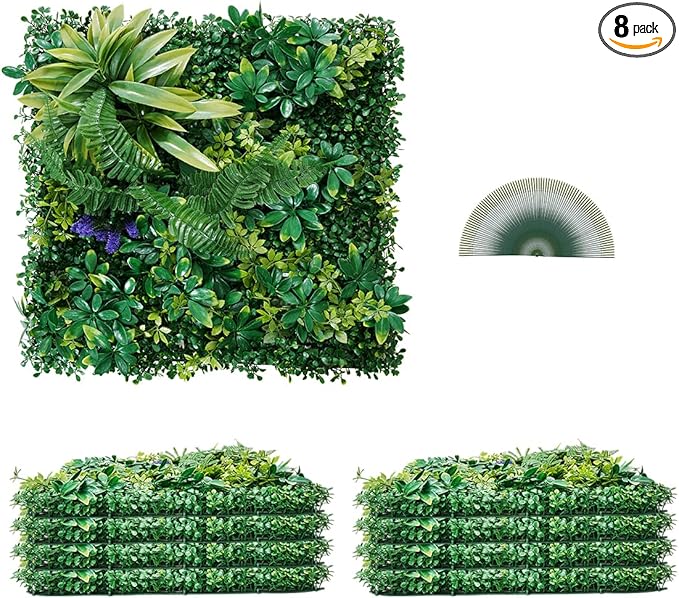 VEVOR Artificial Grass Wall Panels, 8 PCS 20 x 20 inch, 3D Combination Greenery Boxwood Panel for Indoor Outdoor Green Decor & Ivy Fence Covering, Privacy Backdrop Wall Hedge Screen for Garden