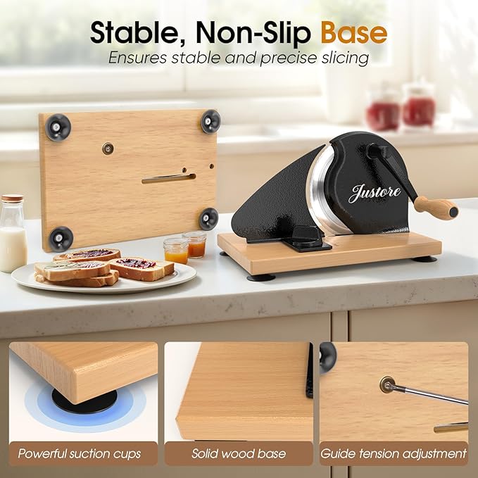 Manual Bread Slicer for Homemade Bread, Adjustable Thickness and Evenly Slicing, Sourdough Bread Slicer with Hand Crank, Clear Scale Line, Non-Slip Suction Base & Sharp Blade
