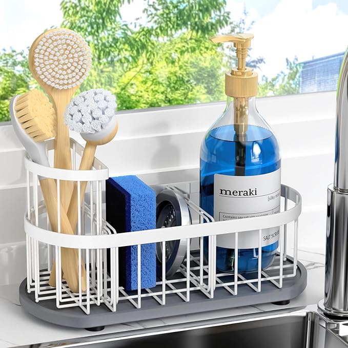 Sponge Holder for Kitchen Sink with High Brush Holder, [Stay-Dry Anywhere & No Drainage Needed] Rustproof Stainless Steel Kitchen Sink Caddy Organizer with Water Absorbing Stone Tray, White