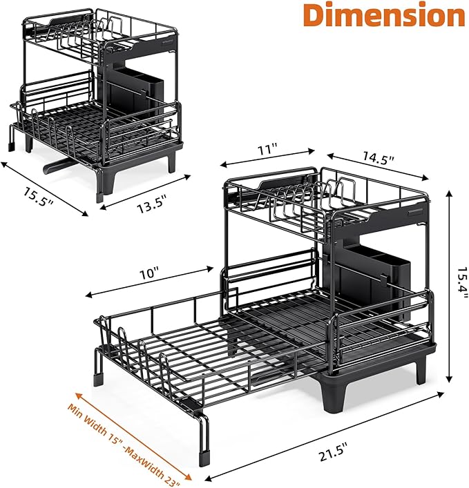 Urackify Dish Drying Rack - Extendable Dish Drainer, Large Dish Rack for Kitchen Counter, Rustproof Dish Strainer with Utensil Holder and Cups Holder, 2 Tier Black