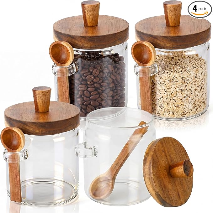Remerry Set of 4 Glass Jar with Wooden Lid and Spoon, Clear Airtight Spice Canisters Glass Food Storage Kitchen Containers Set for Coffee Bean Tea Sugar (13.5 oz)