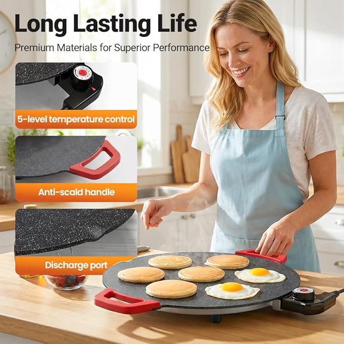 Indoor Smokeless Electric Griddle: 1000W Fast Heating Indoor Grill with 11/14/16" Nonstick Surface, Adjustable Temp Control, Easy to Clean for Steak, Pancake & BBQ (15.7in)