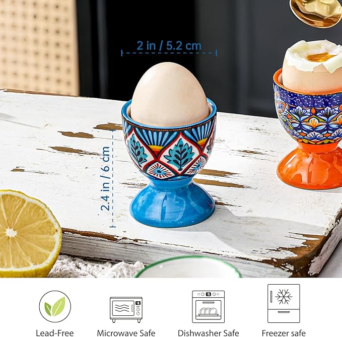 HENXFEN LEAD Boho Ceramic Egg Cups Set of 6 – Colorful Egg Holders for Soft & Hard Boiled Eggs, Microwave & Dishwasher Safe, Perfect for Breakfast & Easter