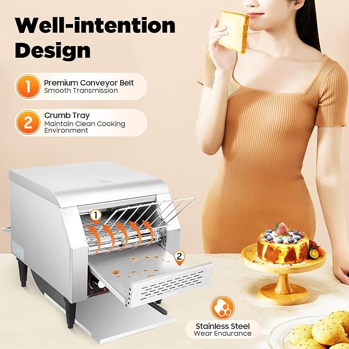 Commercial Conveyor Toaster 2200W, 300 Slices/Hour Stainless Steel Bread Oven with Dual Temp Control & Double Chutes - 7-Speed Adjustable