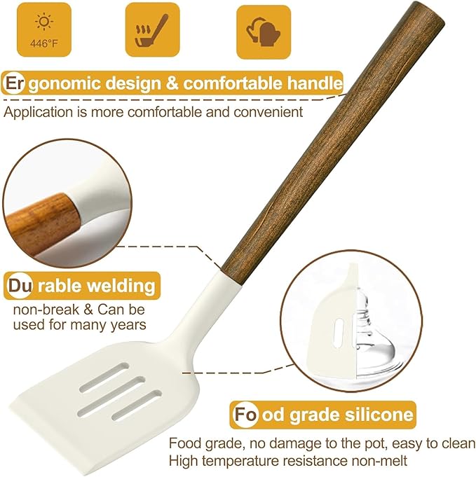 Non-Stick Silicone Kitchen Utensils Set with Natural Acacia Hard Wood Handle, Umite Chef 8 Pieces Kitchen Spatulas set, White, BPA Free, Baking, Serving and Cooking Utensils