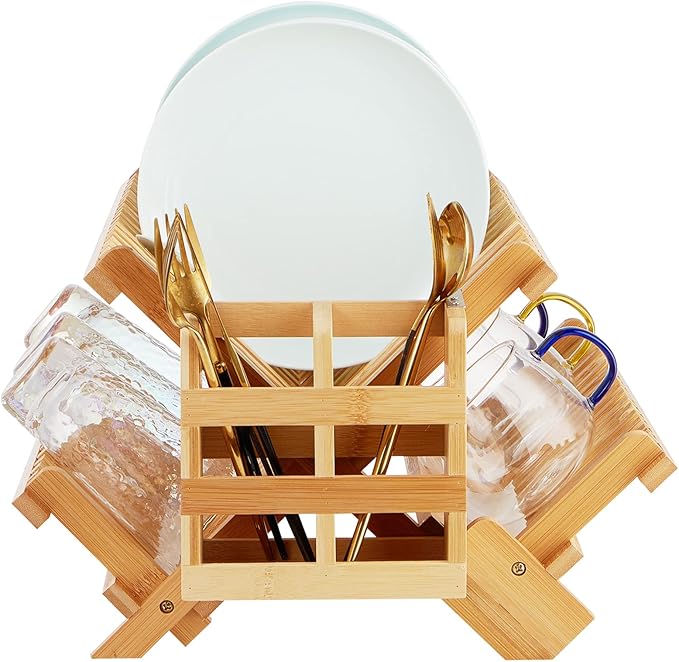 Bamboo Dish Drying Rack, 3-Tier Collapsible Wooden Dish Rack with Utensil Holder, Bamboo Dish Drainer Rack for Kitchen Counter 25pcs
