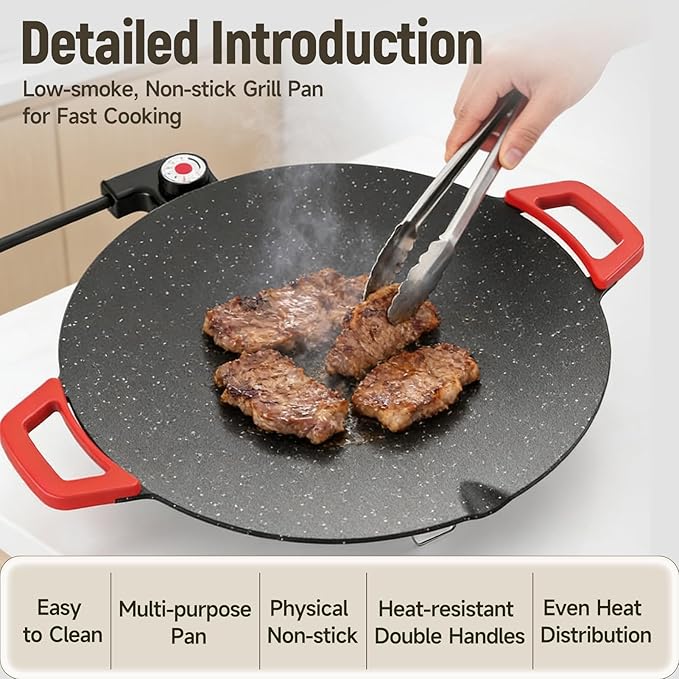 Non-Stick Electric Indoor Grill Pan, Large Round Electric Griddle & Smokeless Korean BBQ Grill Indoor - fast heating, portable, for burgers, pancakes & stovetop use (Large)