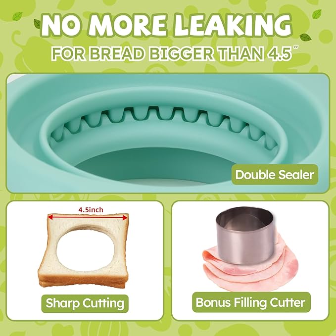 LEPCY Uncrustables Sandwich Maker Sealer Cutter, Crustless Sandwich Cutter, PB&J Uncrustable Maker - Green Square Shape + Blue Round Shape