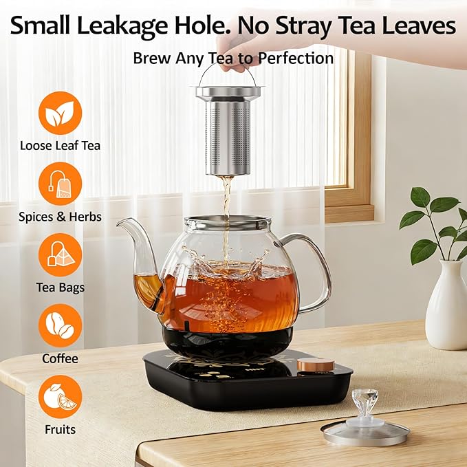 HHT Electric Tea Maker with Infuser, ±1℉ Precise Temperature Control, Glass Electric Kettle for Herbal,Flowers,Fruit Tea and Loose Leaf,BPA-Free,Auto Shut-Off,Brewing Program,Keep Warm,0.8L/27oz Black