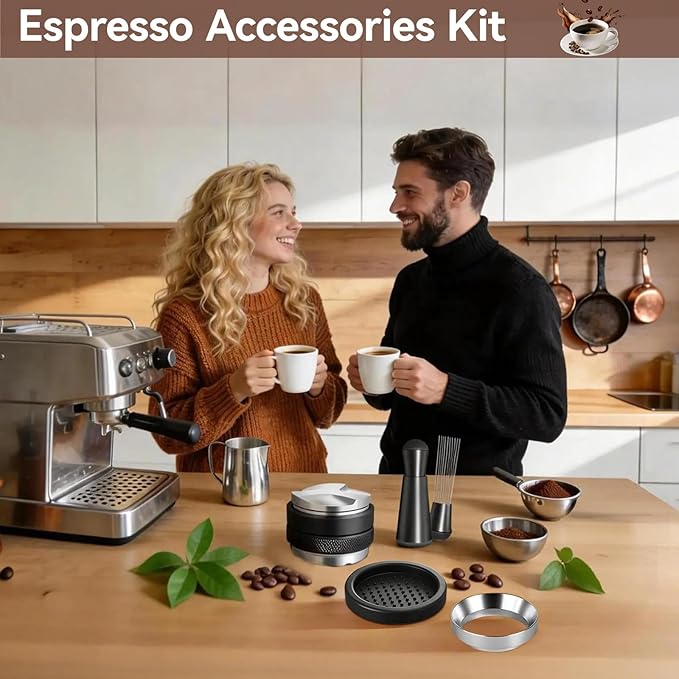 53mm Espresso Accessories Kit, 2-in-1 Distributor & Tamper, Tamper Mat, WDT Tool & Magnetic Dosing Funnel, Compatible with Delonghi & All 53mm Espresso Machines/Portafilters
