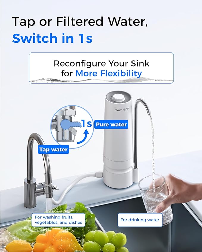 Waterdrop CTF-05 Water Filter for Sink Faucet, Countertop Water Filter System and Filter Life Reminder, Reduces Heavy Metals, Bad Odor, and 99% Chlorine, 8000 Gallons, 2 Filters