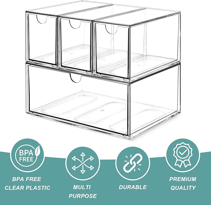 4 Tea and Coffee Organizer and Storage, Acrylic Tea Bag Holder Organizer, Plastic K Cup Drawer Container for Cabinet