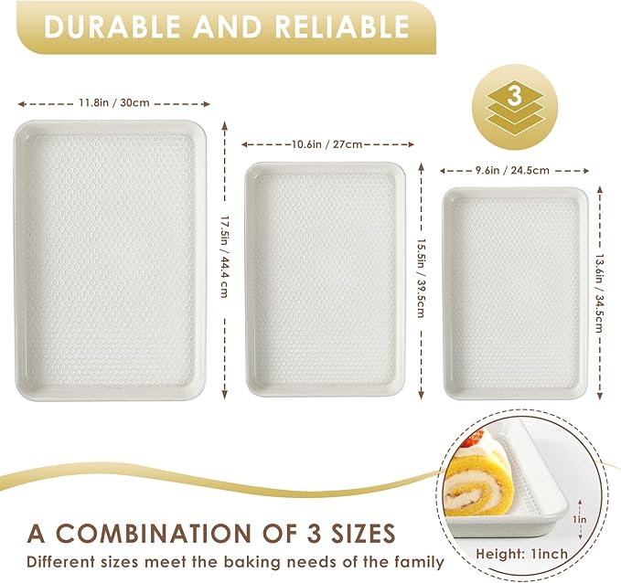 Baking Sheet Pan Set of 3, Nonstick Carbon Steel Cookie Sheets with Texture, Commercial Half/Quarter/Jelly Roll Pans Replacement Toaster Oven Tray, Heavy Duty & Easy Clean, White