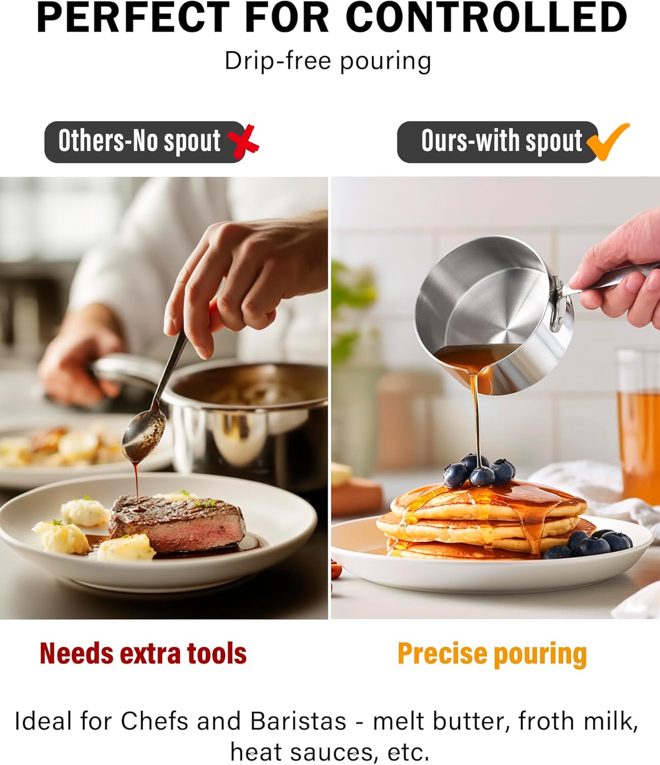 Cooks Standard Stainless Steel Butter Warmer 0.68 QT, Multi-Ply Clad Small Sauce Pan, 640ml Mini Butter Chocolate Milk Melting Pot with Pour Spout Cooking Pot ideal for Chefs, Baristas