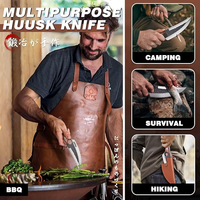 Huusk Chef Knives with Sheath, Hand Forged Viking Knife, Japanese Butcher Knife, Cool Caveman Knives for Kitchen and Outdoor Camping, Gift for Men and Women