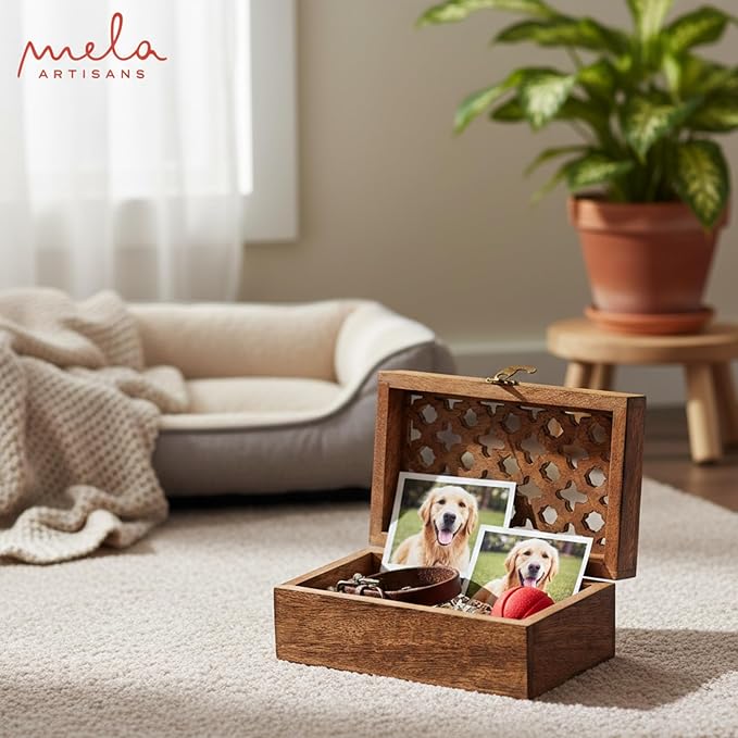 Mela Artisans Medium Burnt Wooden Keepsake Box | Handmade Decorative storage box for Jewelry, Photos & Letters | Trinket Storage Box with Hinged Lid |Medium | Trellis Design | 7.5 x 4.5 x 3
