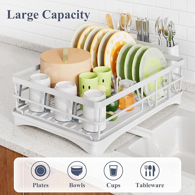 SAYZH Dish Drying Rack - Stainless Steel Dish Rack for Kitchen Counter, Large-Capacity Dish Drainer with Cutlery Holder, Kitchen Organizer for Dishes, Spoons and Forks, White