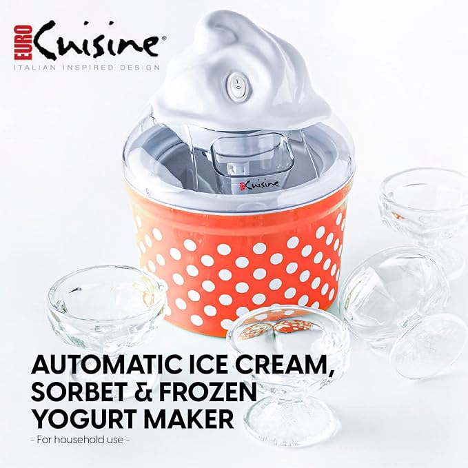 Euro Cuisine Ice Cream, Sorbet & Frozen Yogurt Maker, Homemade Gelato & Soft Serve Kids Ice Cream Maker Machine with 4 Glass Cups - Double-Insulated Freezer Bowl, Mixing Paddle, Lid - 1.5 Quart