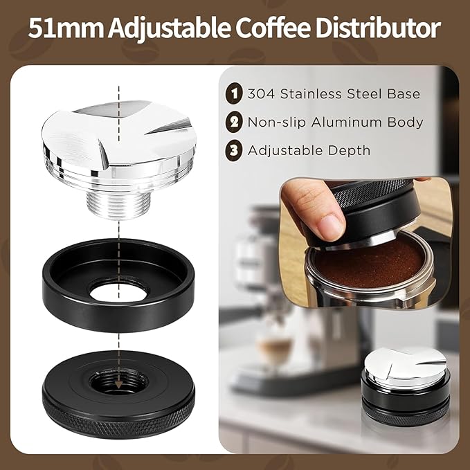 51mm Espresso Accessories Kit, Fits Delonghi Portafilters, 9PCS Barista Tool Kit Includes Tamper, Distributor, WDT Tool, Puck Screen, Dosing Funnel & Latte Art Set with 16 Stencils