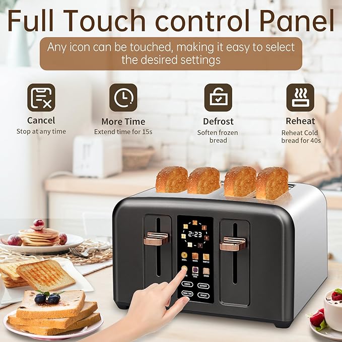 SEEDEEM Toaster 4 Slice, Stainless Toaster & Touch Control, LCD Display, 6 Bread Type, 7 Shade Settings, 1.5'' Wide Slots, Cancel/Defrost/Reheat, Removable Crumb Tray, 1800W, Dark Metallic