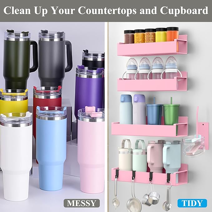 Magnetic Water Bottle Holder for Refrigerator, Cup Holder Organizer for Stanley and Tumbler for Kitchen, 4 Pack, Pink