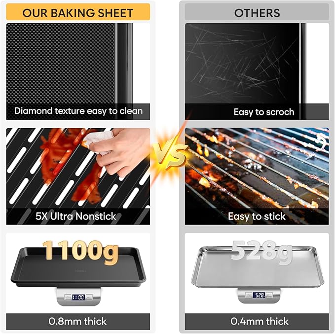 Half Sheet Pan with Cooling Rack 17.3” x 13.1”, Cookie Sheets for Baking 0.8mm Thick Non Stick Baking Sheets for Oven Heavy Duty Baking Trays with Diamond Texture