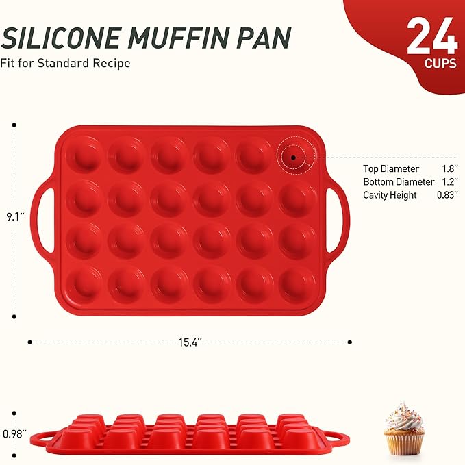 Socisen 24 Cups Silicone Muffin Pan with Metal Reinforced Frame Mini Size Cupcake Pan Tray Egg Bites Silicone Circle Cookie Molds Muffin Tin Tart Pans Baking Sheet Set for Breakfast Sandwiches Round