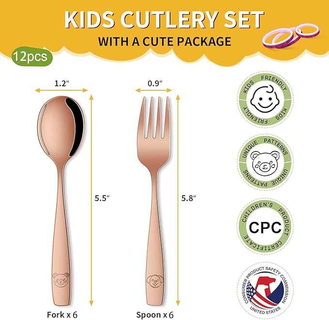 DEHOV Rose Gold Toddler Eating Utensils Set,Set Of 12 Food Grade Stainless Steel Silverware Sets For Kids,Dishwasher Safe Children Small Metal Spoons And Forks Flatware Sets