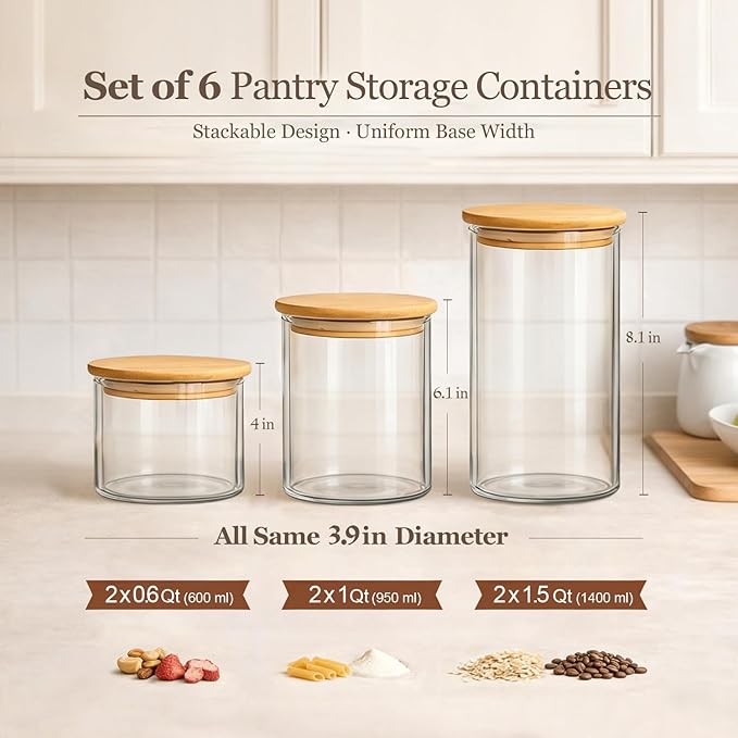 ComSaf Glass Storage Containers with Lids (0.6qt/1qt/1.5qt) Set of 6,Glass Pantry Storage Containers with Airtight Lid & lables for Dry Food, Snacks, Nuts, Stackable for Kitchen, Pantry Organization