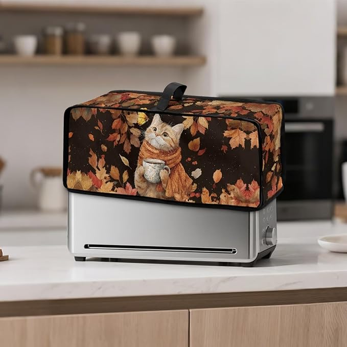 Thanksgiving Toaster Cover 2 Slice Water-Resistant Folding 2 Slice Slim Toaster Cover, Cat Maple Leaf Print Dustproof Protective Covers for Small Appliance