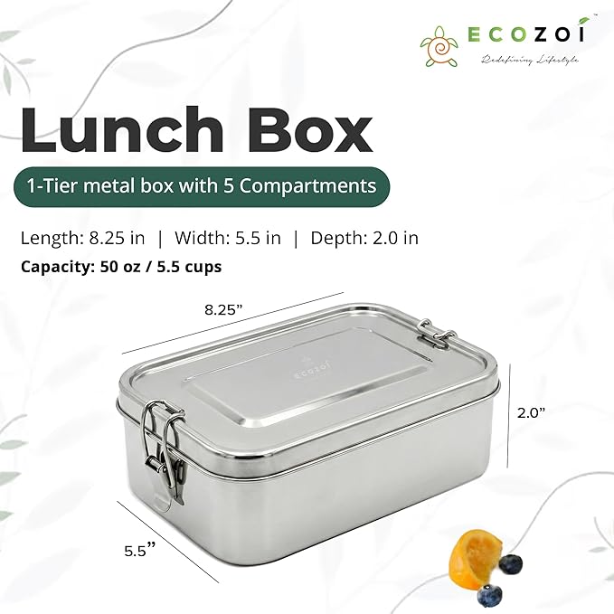 ecozoi Stainless Steel Lunch Box, 1-Tier Metal Bento Box Leak Proof with 5 Compartments, 50 Oz Metal Lunch Container, Meal Prep Food Container, with 50 ml Sauce Container
