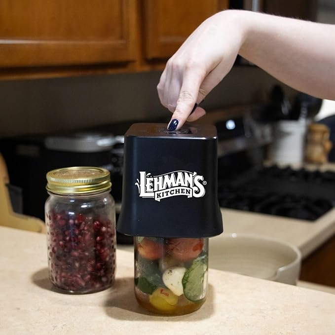 Lehman's Mason Jar Vacuum Sealer, Cordless, Easy One-Touch Operation, Extends Freshness, Includes 6 Canning Lids (3 Wide-Mouth, 3 Regular-Mouth), Rechargeable Battery, Ideal for Food Storage