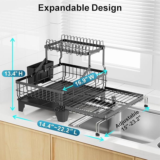 GSlife Large 2 Tier Dish Drying Rack, Expandable Heavy-Duty Dish Rack for Kitchen Counter, Rust-Resistant Dish Drainer with Utensil & Cup Holder, Auto-Drain, 16.9" W x 14.4"-22.4" L, Black
