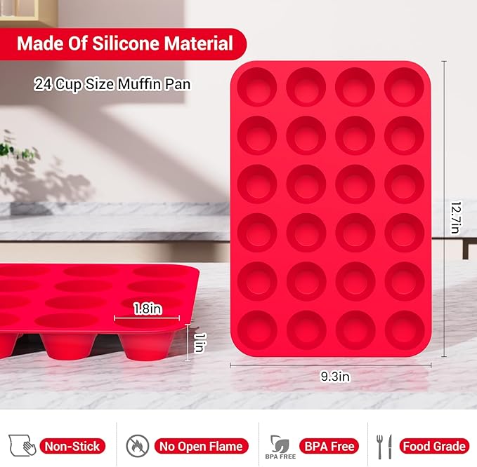 Redfly 2 Pack Silicone MIini Muffin Pan & Cupcake Pans for Baking - 24 Cup Mini Size BPA Free Egg Bites Molds