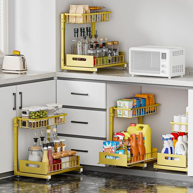 L-Shaped Under Sink Organizer, 2 Pack 2-Tier Pull Out Metal Kitchen Cabinet Organizer with Sliding Storage Drawer, Height Adjustable Heavy Duty Under Bathroom Sink Storage for Cleaning Supplies