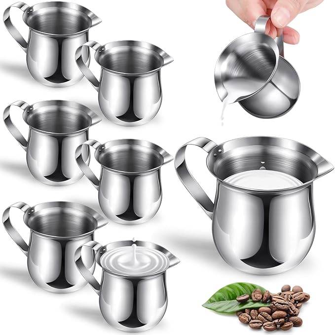 Potchen 6 Pack Stainless Steel Bell Creamers 3 Ounce Creamer Pitcher Mini Coffee Milk Pitchers with Handle and Pouring Spout Cups for Serving Espresso, Tea, Milk, Maple Syrup, Sauce