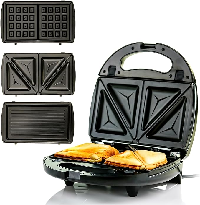 OVENTE Electric Sandwich Maker, Panini Press & Waffle Iron Set with Immersion Hand Blender, Food Chopper & Mixing Beaker, Black