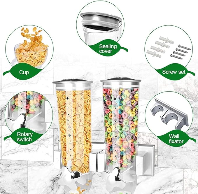 Milky House Food Dispensers Wall Mount, 2 Pack Dry Cereal Dispenser, Convenient Storage Dual Control for Cereal Nuts, Coffee Beans Trail Mix Candy Oatmeal Rice Pasta Candy Container, Cereals Bank 3L