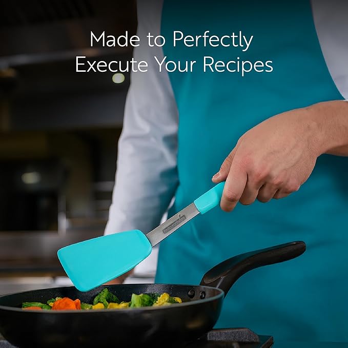 Comfy Grip 12 x 3 Inch Silicone Turner,1 Durable Cooking Turner - Stainless Steel Body,Rubber Handle With Hole, Turquoise Silicone Flipper Spatula, Tolerates Up To 446F,Dishwashable -Restaurantware