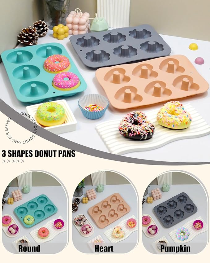 3 Pack Silicone Donut Pan for Baking, Non-Stick Doughnut Pan, 6 Cavity Heritage Bundtlette Cake Silicone Mold for Baking (Blue+Gray+Pink)
