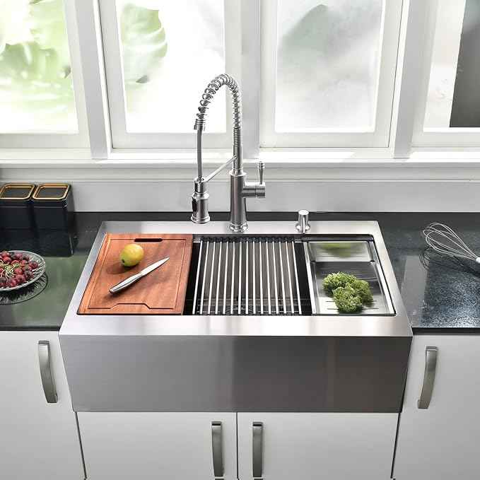 33 Inch Farmhouse Drop In Kitchen Sink Workstation - 33X22 inch Apron Front Kitchen Sink Workstation Single Bowl 16 Gauge Stainless Steel Farm Sink