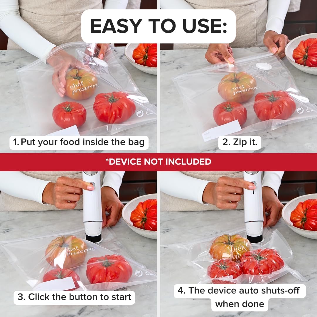 Chef Preserve Reusable Vacuum Sealer Bags for Food – 30 BPA-Free Small (8 x 10 in) Food Storage Bags, Freezer, Microwave – Odor-Resistant, Leak-Proof – Compatible with Chef Preserve Vacuum Sealers