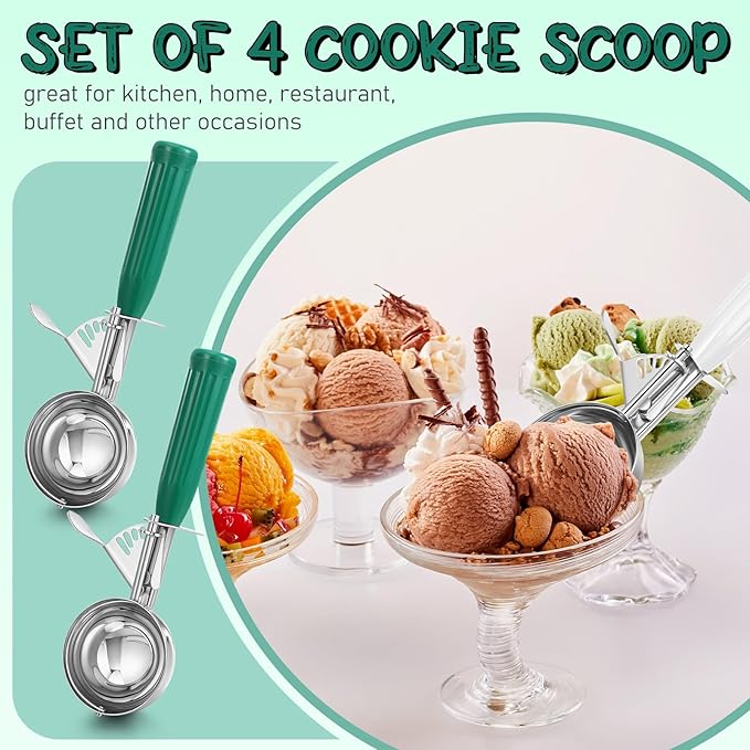 Reallnaive 4 Pcs Release Cookie Scoops Ice Cream Scooper with Trigger Release Portion Scoop Stainless Steel for Portion Control, Baking Food, Cookie Dough (3.25 oz,Green)